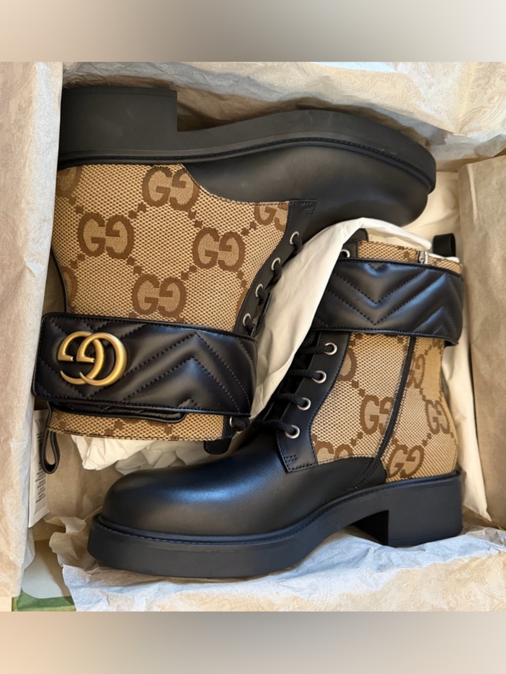 Gucci GG Canvas & Black Leather Ankle Boots with Gold GG Logo.GUCCI Luxury Boots - Picture 4 of 15